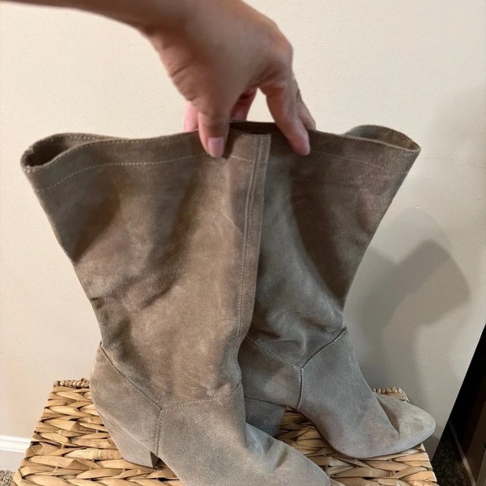 Mid-Calf Suede Heeled Boots in Taupe